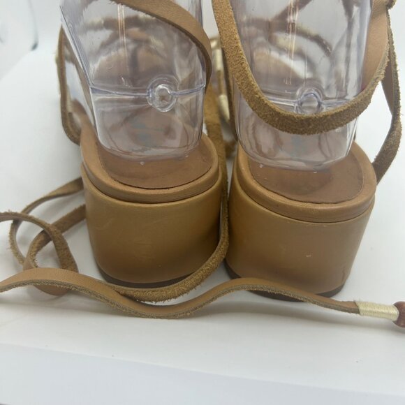 Free People Strappy Tan & Cream Lace-Up Sandals Heel beaded 38 - Picture 9 of 10